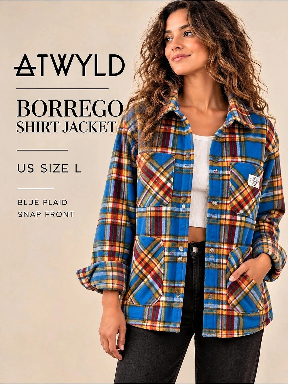 ATWYLD Borrego Blue Plaid Fleece Shirt Jacket Shacket Size L
